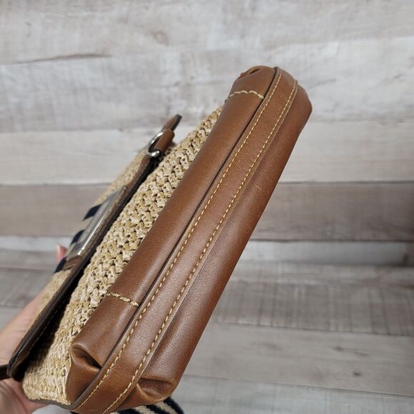 Crossbody Purse CHAPS Straw Vegan Faux Leather Cloth Strap Metal Logo Slim - Picture 4 of 16